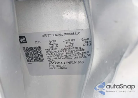 2022 Chevrolet Malibu Fwd Lt из США, поврежденный, VIN 1G1ZD5ST4NF104648